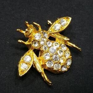 Vintage Clear Rhinestone Bee Brooch, Gold Plated, Insect Pin, 1 1/4 Inches